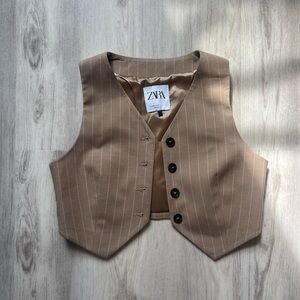 ZARA Tan Striped Tailored Cropped Vest
